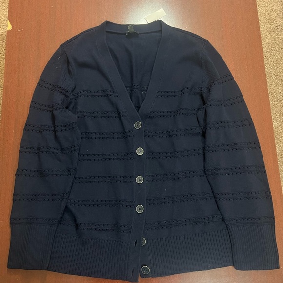 Talbots Navy V-NECK POINTELLE GIRLFRIEND CARDIGAN - Picture 2 of 5